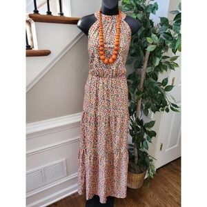 Camisa Women's Orange Floral Polyester Halter Neck Sleeveless Long Maxi Dress XL
